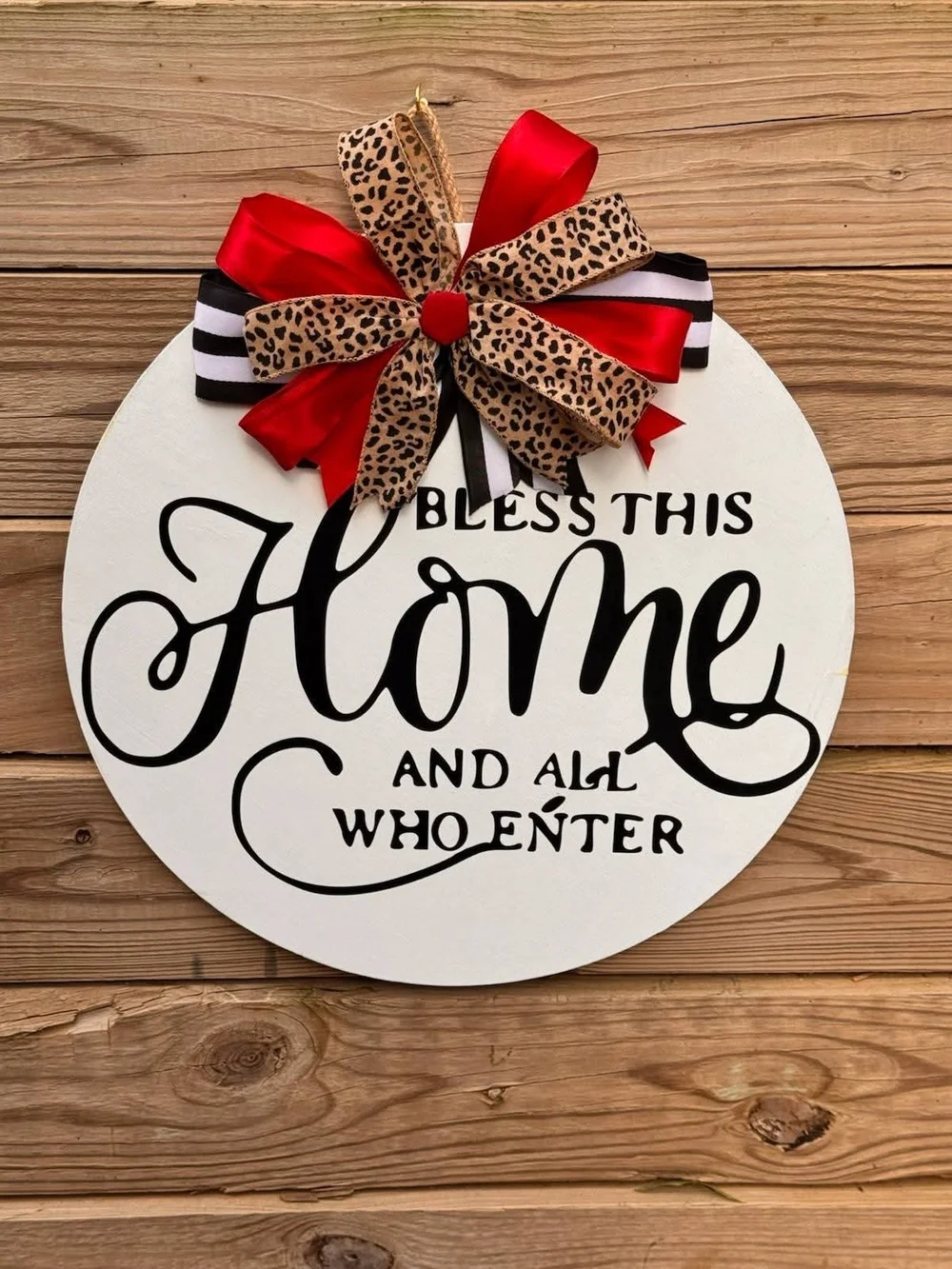 Bless This Home Round Door Sign with Red & Leopard Bow